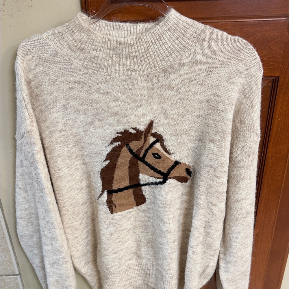 Elegant Beige Horse Design Sweater